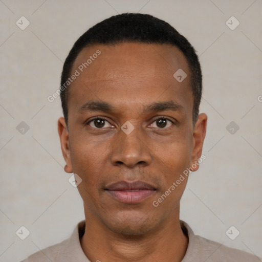 Neutral black young-adult male with short  black hair and brown eyes