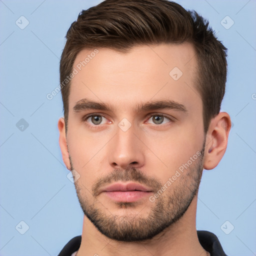 Neutral white young-adult male with short  brown hair and brown eyes