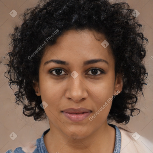 Joyful black young-adult female with medium  black hair and brown eyes