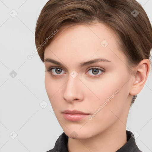 Neutral white young-adult female with short  brown hair and brown eyes