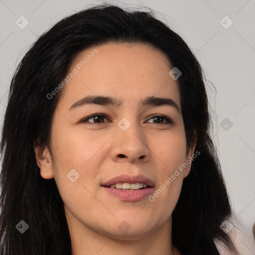 Joyful asian young-adult female with long  brown hair and brown eyes