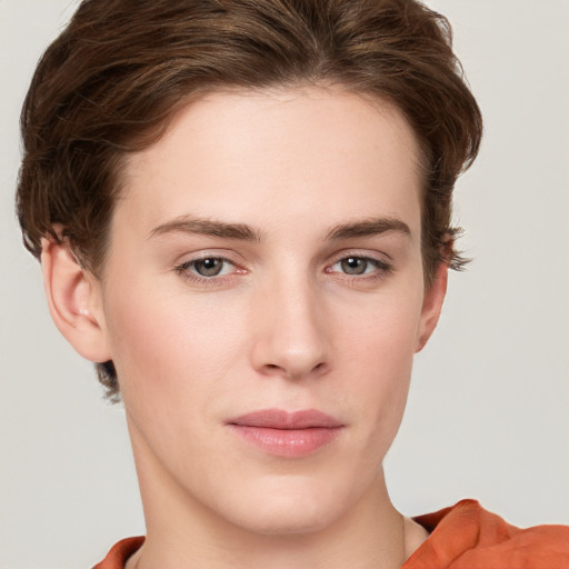 Neutral white young-adult female with short  brown hair and brown eyes