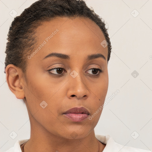 Neutral white young-adult female with short  brown hair and brown eyes