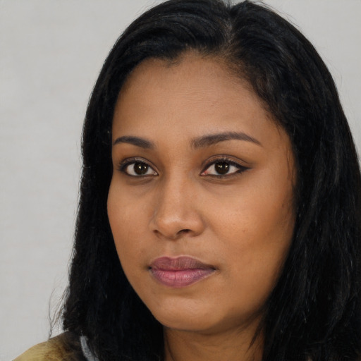 Neutral asian young-adult female with long  black hair and brown eyes