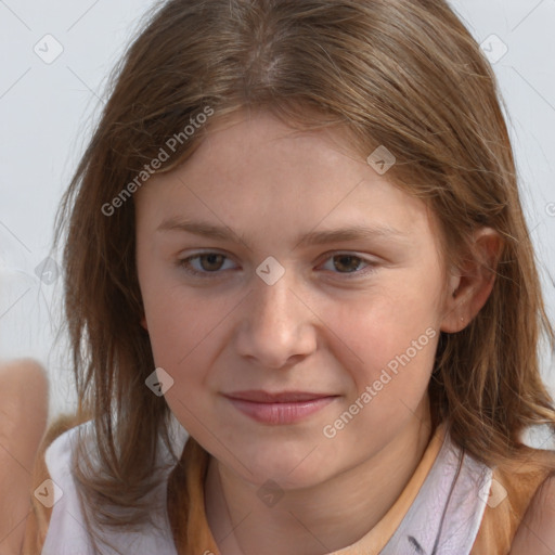 Joyful white child female with medium  brown hair and brown eyes