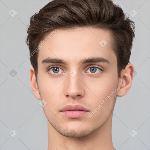 Neutral white young-adult male with short  brown hair and brown eyes