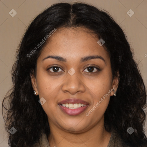 Joyful latino young-adult female with long  brown hair and brown eyes