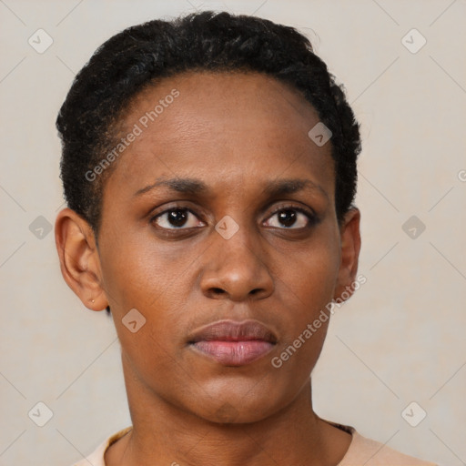 Neutral black young-adult female with short  black hair and brown eyes