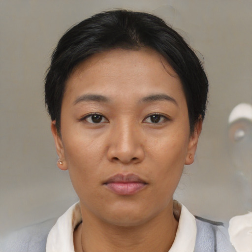 Neutral asian young-adult female with short  brown hair and brown eyes