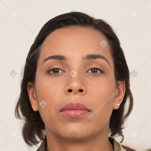 Neutral white young-adult female with medium  brown hair and brown eyes