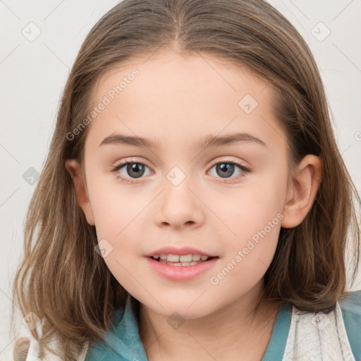 Joyful white child female with medium  brown hair and brown eyes