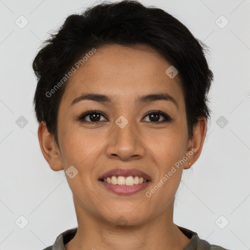 Joyful asian young-adult female with short  brown hair and brown eyes