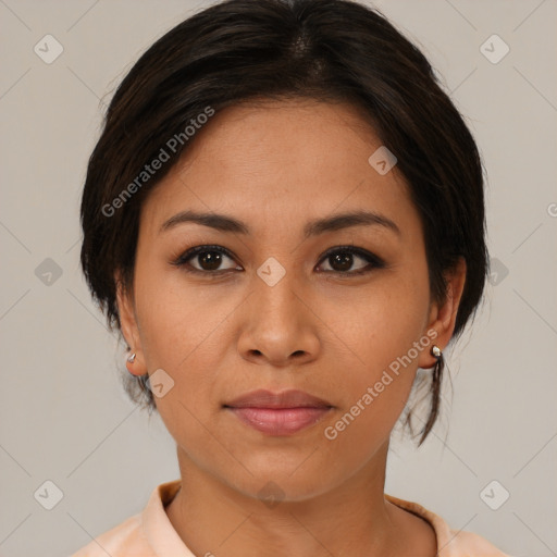 Joyful asian young-adult female with medium  brown hair and brown eyes