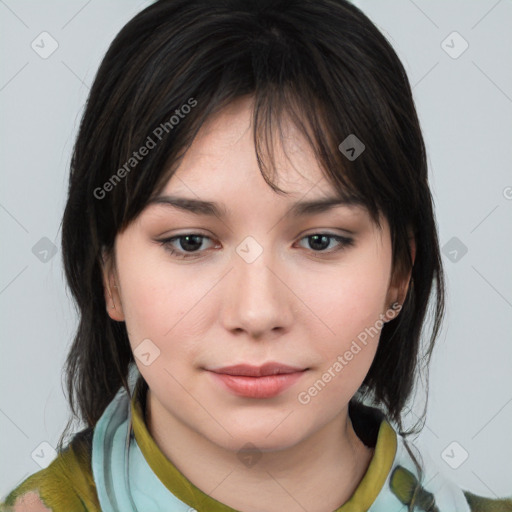 Neutral white young-adult female with medium  brown hair and brown eyes