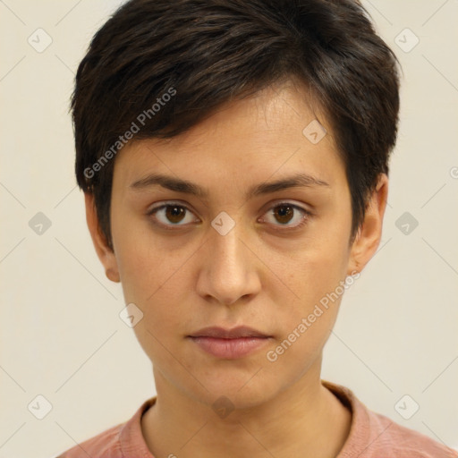 Neutral white young-adult female with short  brown hair and brown eyes