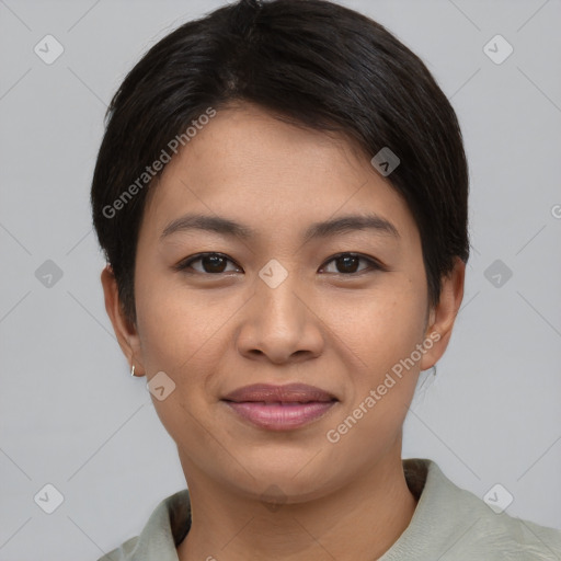 Joyful asian young-adult female with short  brown hair and brown eyes