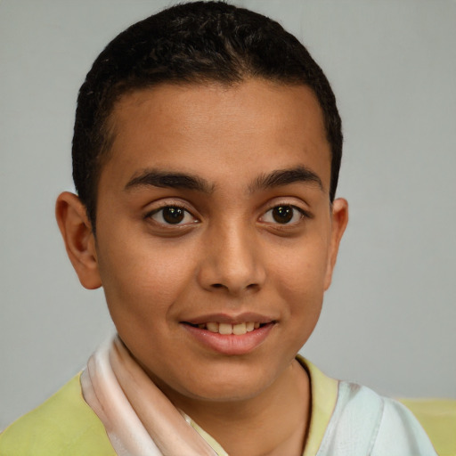 Joyful latino young-adult male with short  brown hair and brown eyes