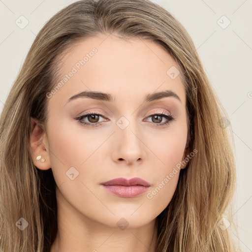 Neutral white young-adult female with long  brown hair and brown eyes