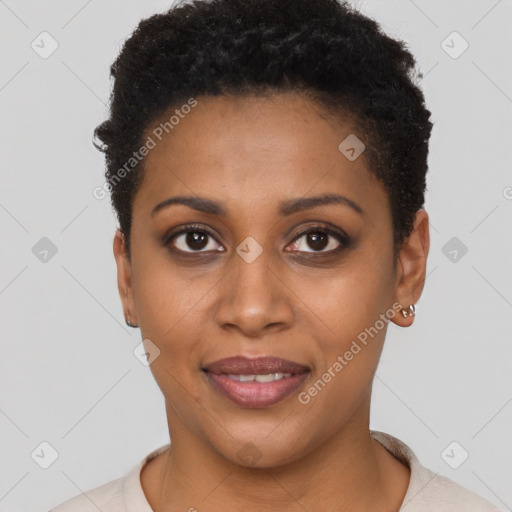 Joyful black young-adult female with short  brown hair and brown eyes