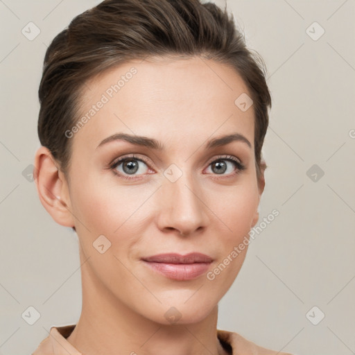 Joyful white young-adult female with short  brown hair and brown eyes