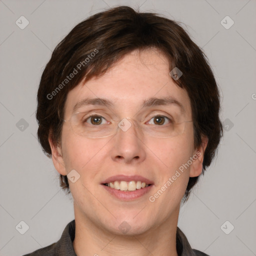 Joyful white adult female with medium  brown hair and grey eyes