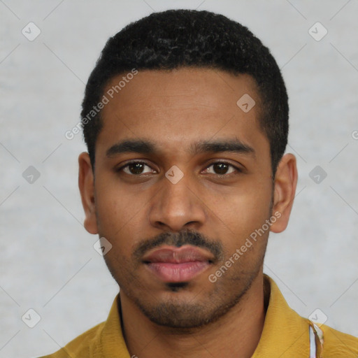 Neutral latino young-adult male with short  black hair and brown eyes