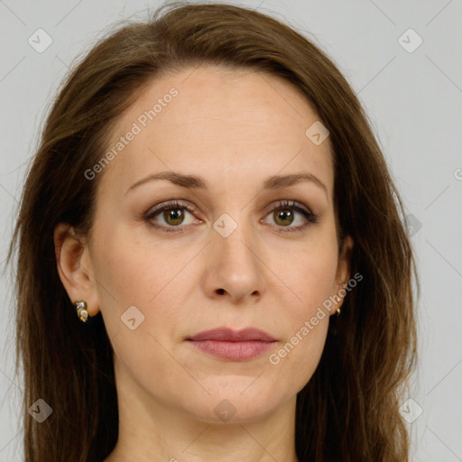 Joyful white young-adult female with long  brown hair and green eyes