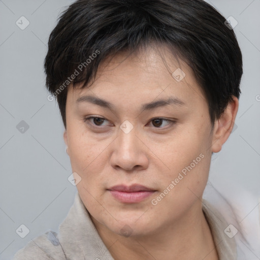 Joyful white adult female with short  brown hair and brown eyes