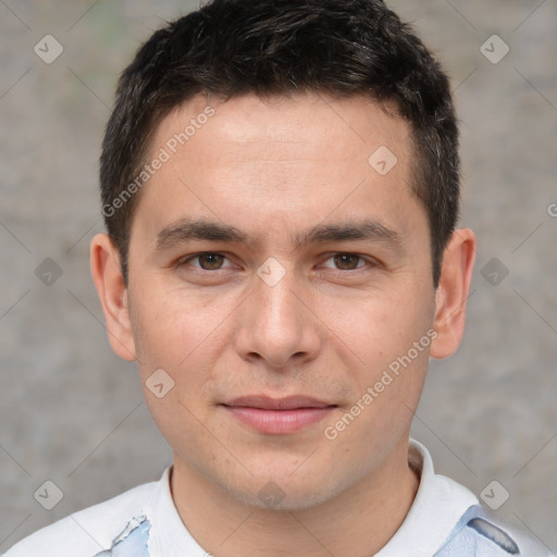 Joyful white young-adult male with short  brown hair and brown eyes