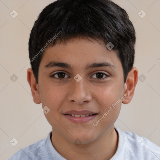 Joyful white child male with short  brown hair and brown eyes