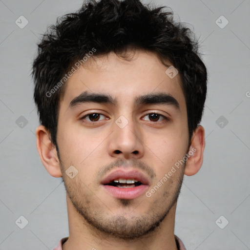 Neutral white young-adult male with short  brown hair and brown eyes