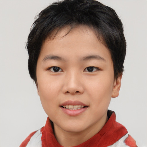 Joyful asian young-adult female with short  black hair and brown eyes