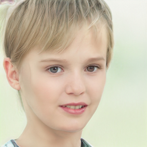 Joyful white child female with short  brown hair and brown eyes