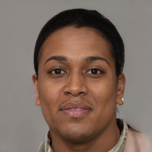 Neutral black young-adult female with short  brown hair and brown eyes