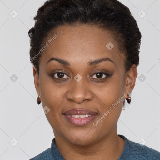 Joyful black adult female with short  black hair and brown eyes