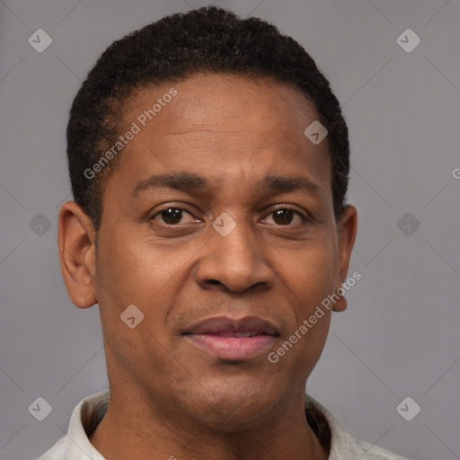 Joyful black adult male with short  brown hair and brown eyes