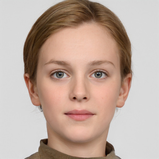 Neutral white young-adult female with short  brown hair and grey eyes