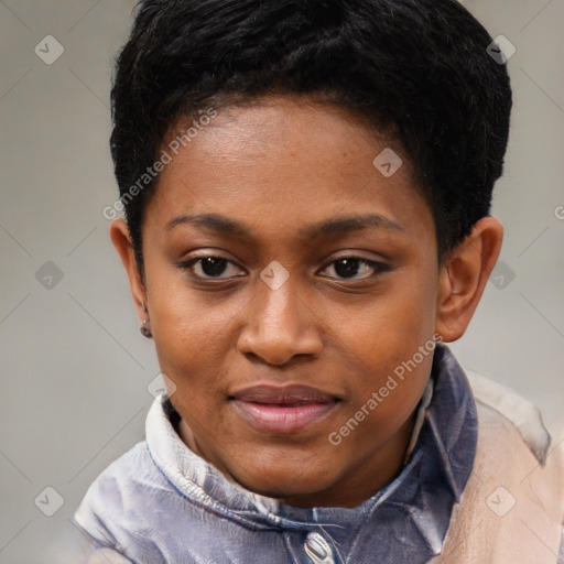 Neutral black young-adult female with short  brown hair and brown eyes