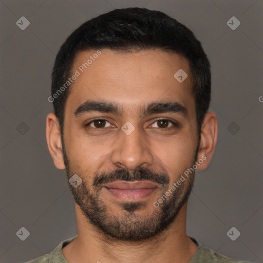 Joyful latino young-adult male with short  black hair and brown eyes