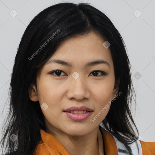 Joyful asian young-adult female with medium  black hair and brown eyes