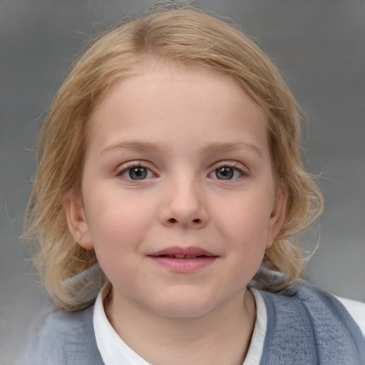 Joyful white child female with medium  brown hair and blue eyes