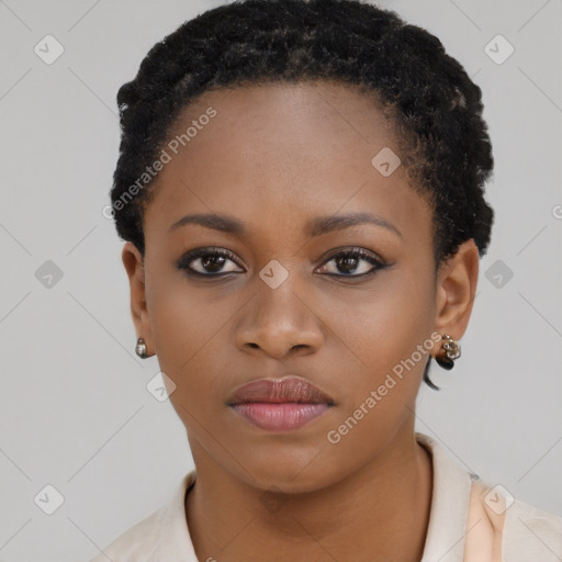 Neutral black young-adult female with short  brown hair and brown eyes