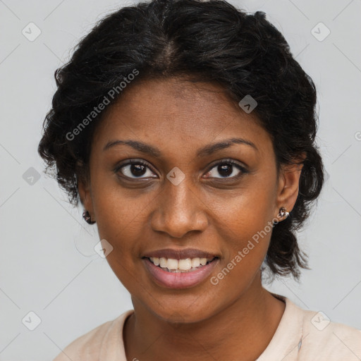 Joyful black young-adult female with medium  brown hair and brown eyes