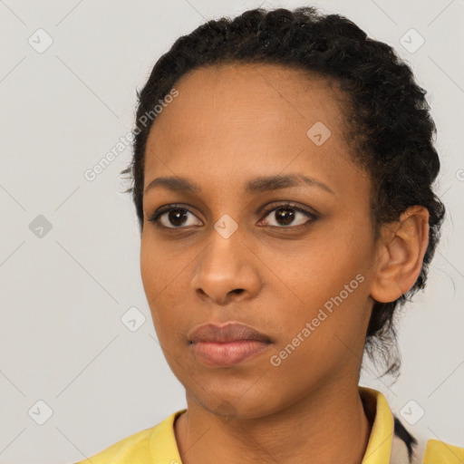 Neutral black young-adult female with short  black hair and brown eyes