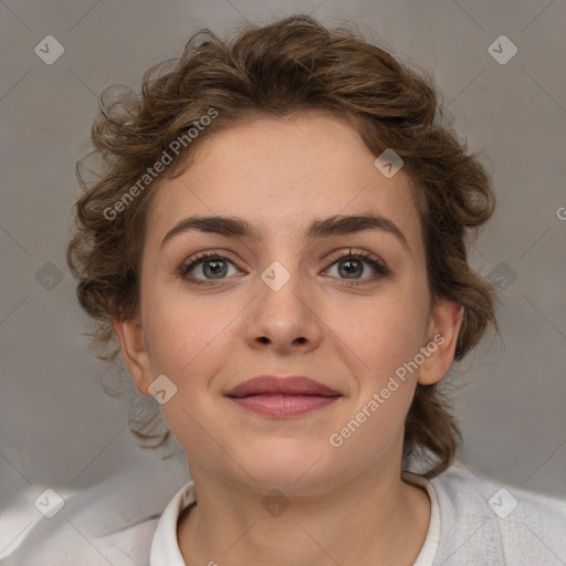 Joyful white young-adult female with medium  brown hair and blue eyes