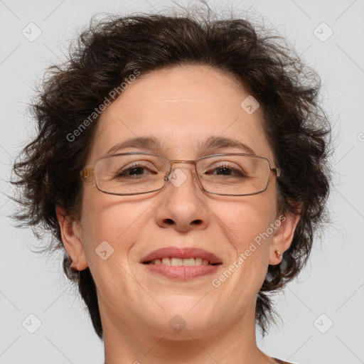 Joyful white middle-aged female with medium  brown hair and brown eyes