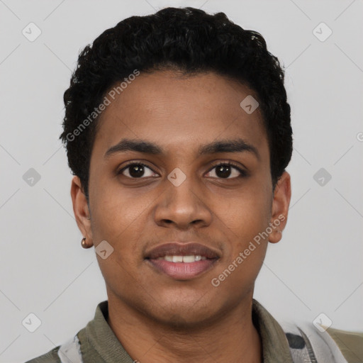 Neutral black young-adult male with short  black hair and brown eyes