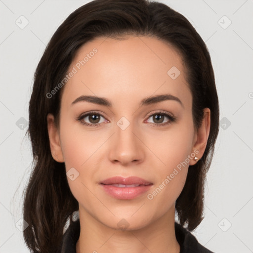 Neutral white young-adult female with medium  brown hair and brown eyes