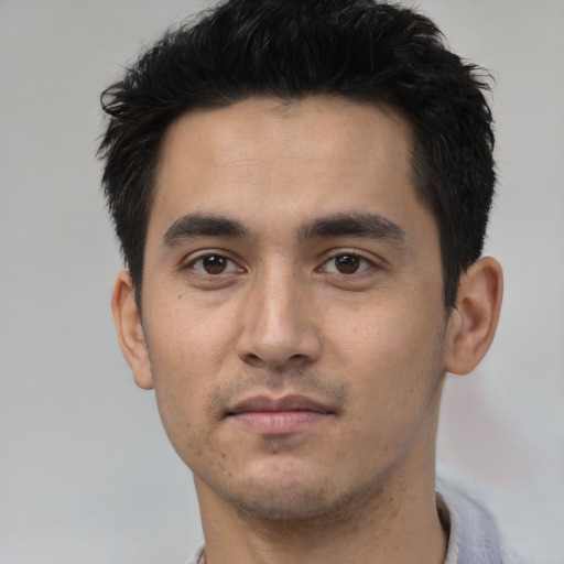 Neutral asian young-adult male with short  black hair and brown eyes