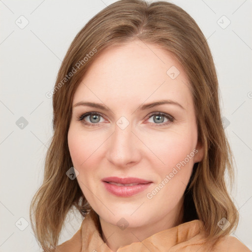 Joyful white young-adult female with medium  brown hair and green eyes